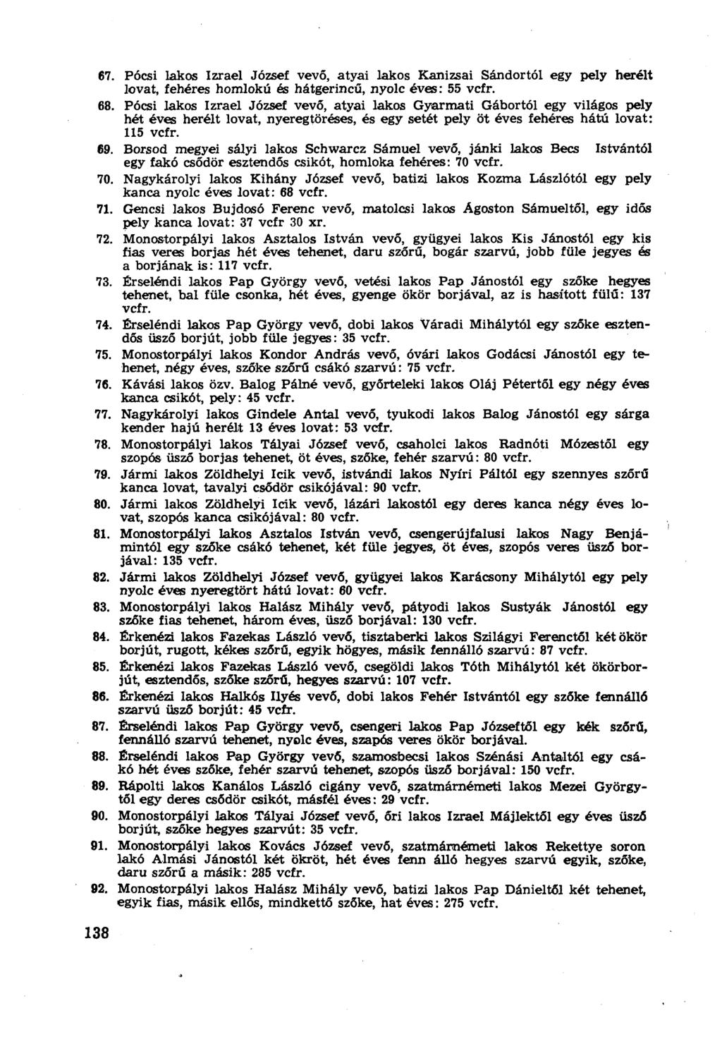 67. Pócsi lakos Izrael József vevő, atyai lakos Kanizsai Sándortól egy pely herélt lovat, fehéres homlokú és hátgerincű, nyolc éves: 55 vcfr. 68.