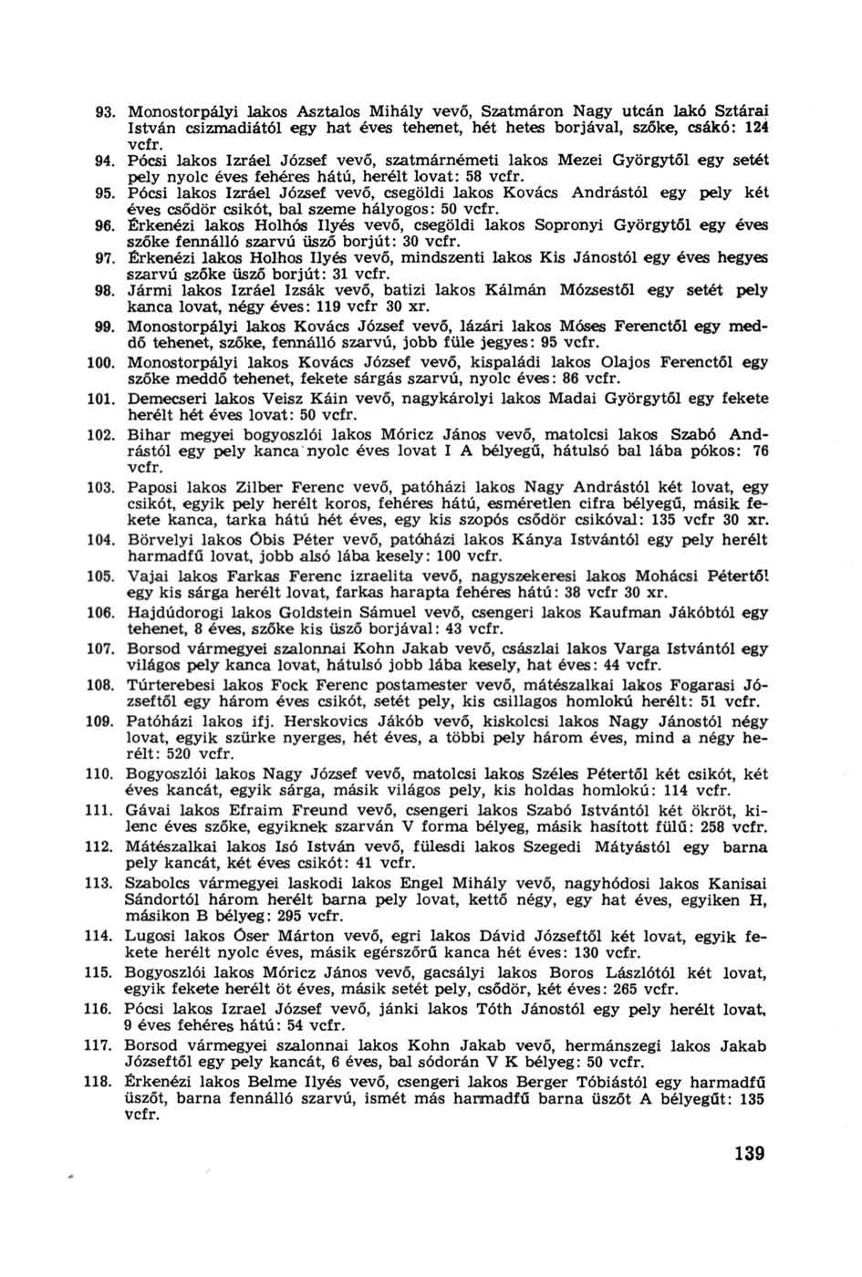 93. Monostorpályi lakos Asztalos Mihály vevő, Szatmáron Nagy utcán lakó Sztárai István csizmadiától egy hat éves tehenet, hét hetes borjával, szőke, csákó: 124 vcfr. 94.