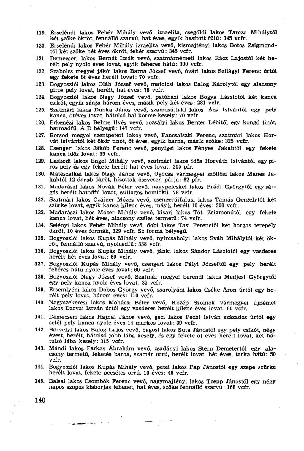 119. Érseléndi lakos Fehér Mihály vevő, izraelita, csegöldi lakos Tarcza Mihály tói két szőke ökröt, fennálló szarvú, hat éves, egyik hasított fülű: 345 vcfr. 120.