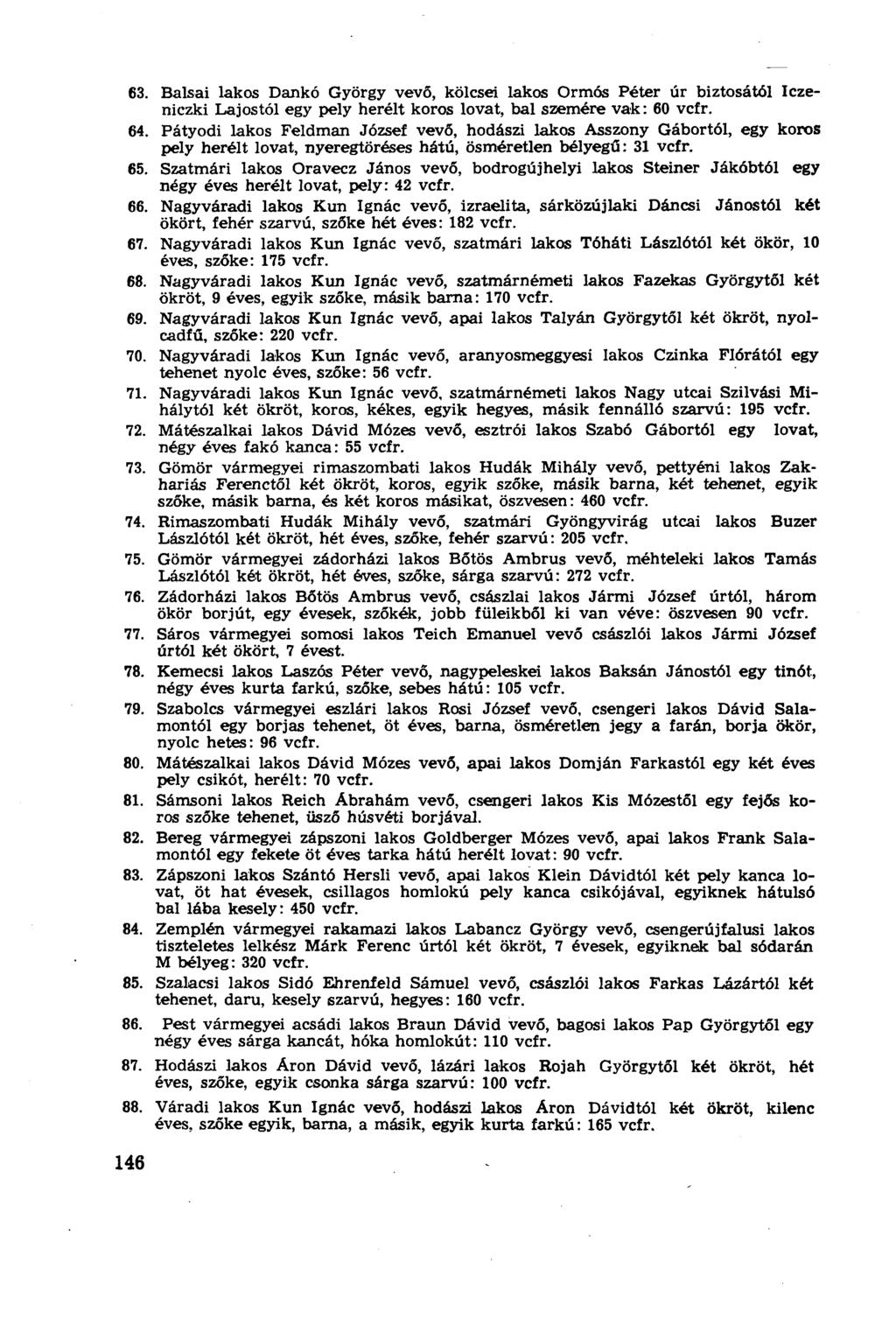 63. Balsai lakos Dankó György vevő, kölesei lakos Ormós Péter úr biztosától Iczeniczki Lajostól egy pely herélt koros lovat, bal szemére vak: 60 vcfr. 64.