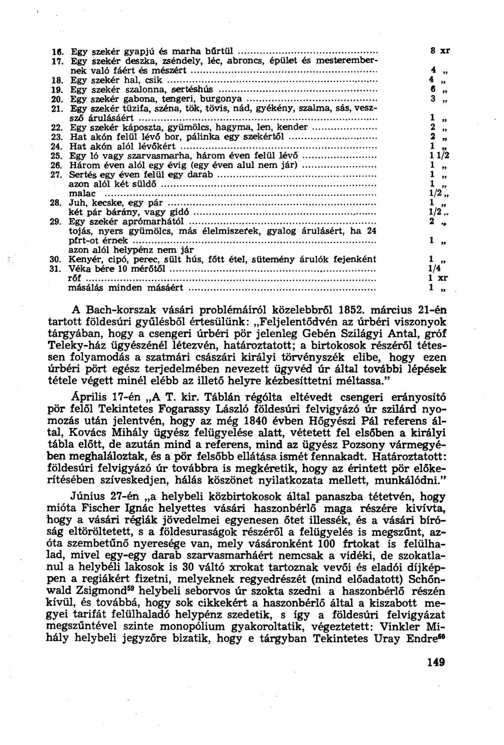 16. Egy szekér gyapjú és marha bűrtül 8 xr 17. Egy szekér deszka, zséndely, léc, abroncs, épület és mesterembernek való fáért és mészért 4 18. Egy szekér hal, esik 4 19.