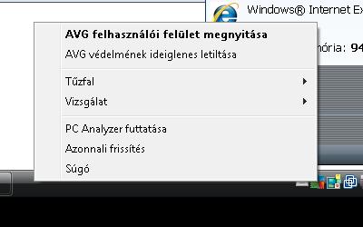 AVG tálcaikon megjelenése Ha színes, és semmilyen egyéb elem nem látható rajta, az azt jelzi, hogy az AVG Internet Security 2012 összetevők aktívak és tökéletesen működőképesek.