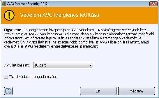 időre kívánja letiltani az AVG Internet Security 2012 szoftvert. Alapértelmezés szerint a védelem 10 percig lesz kikapcsolva.
