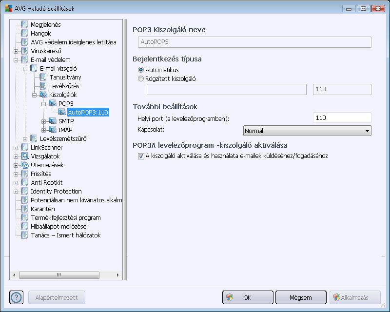 A Kiszolgálók területen szerkesztheti az E-mail vizsgáló kiszolgálók paramétereit: POP3 kiszolgáló SMTP kiszolgáló IMAP kiszolgáló Ezenkívül meghatározhat egy új kiszolgálót a bejövő és a kimenő
