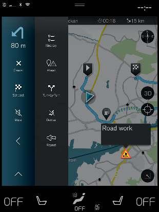 Szimbólumok és gombok a navigációs rendszerben* A térkép a központi kijelzőn szimbólumokat és színeket mutat, amelyek a különböző utakról és az autó körülötti területről valamint az útvonalról