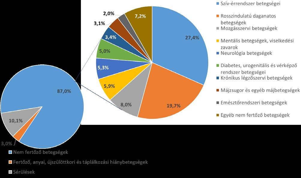 BETEGSÉGEKHEZ ix KÖTHETŐ EGÉSZSÉG- VESZTESÉGEK A hazai egészségveszteségek 87%-át a nem fertőző betegségek, 10%-át a sérülések és a maradék 3%-át a fertőző, anyai, újszülöttkori és táplálkozási