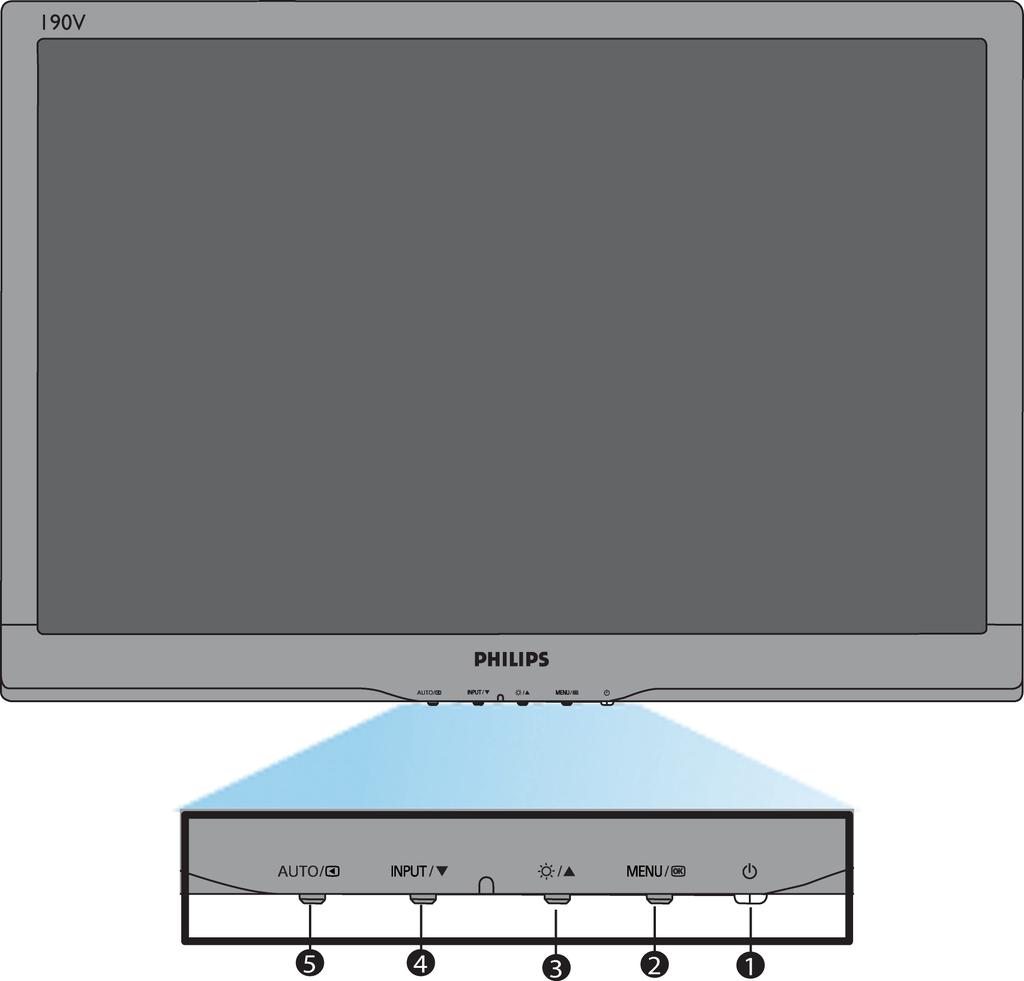 Elölnézeti termékleírás Az LCD monitor telepítése Csatlakoztatás a PC-hez A talpazat eltávolítása Kezdetek A teljesítmény optimalizálása Elölnézeti termékleírás 1 A monitor be-, illetve kikapcsolása.
