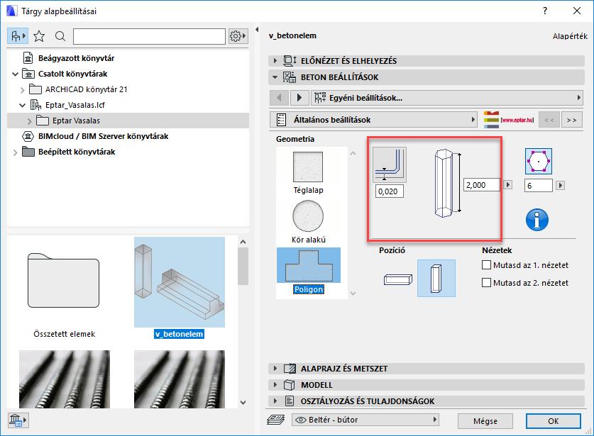 Az elem meghatározza, hogy egy adott befoglaló formában, adott betontakarás mellett, hová kell elhelyezni a betonvasakat. Az elem elhelyezhető függőlegesen vagy vízszintesen is.
