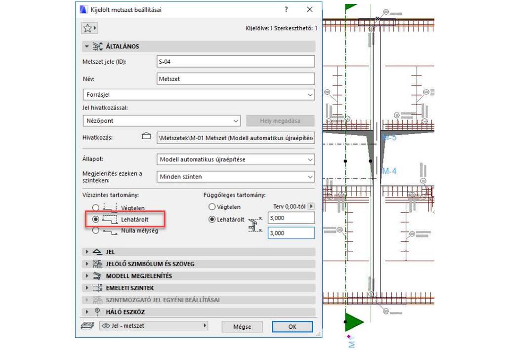 Metszetrajz készítése metszetablakban Jelölje ki az ArchiCAD metszetvonallal az elmetszeni kívánt területet. Adja neki az M-1 nevet. Nyissa meg a kialakított M-1 metszetablakot.