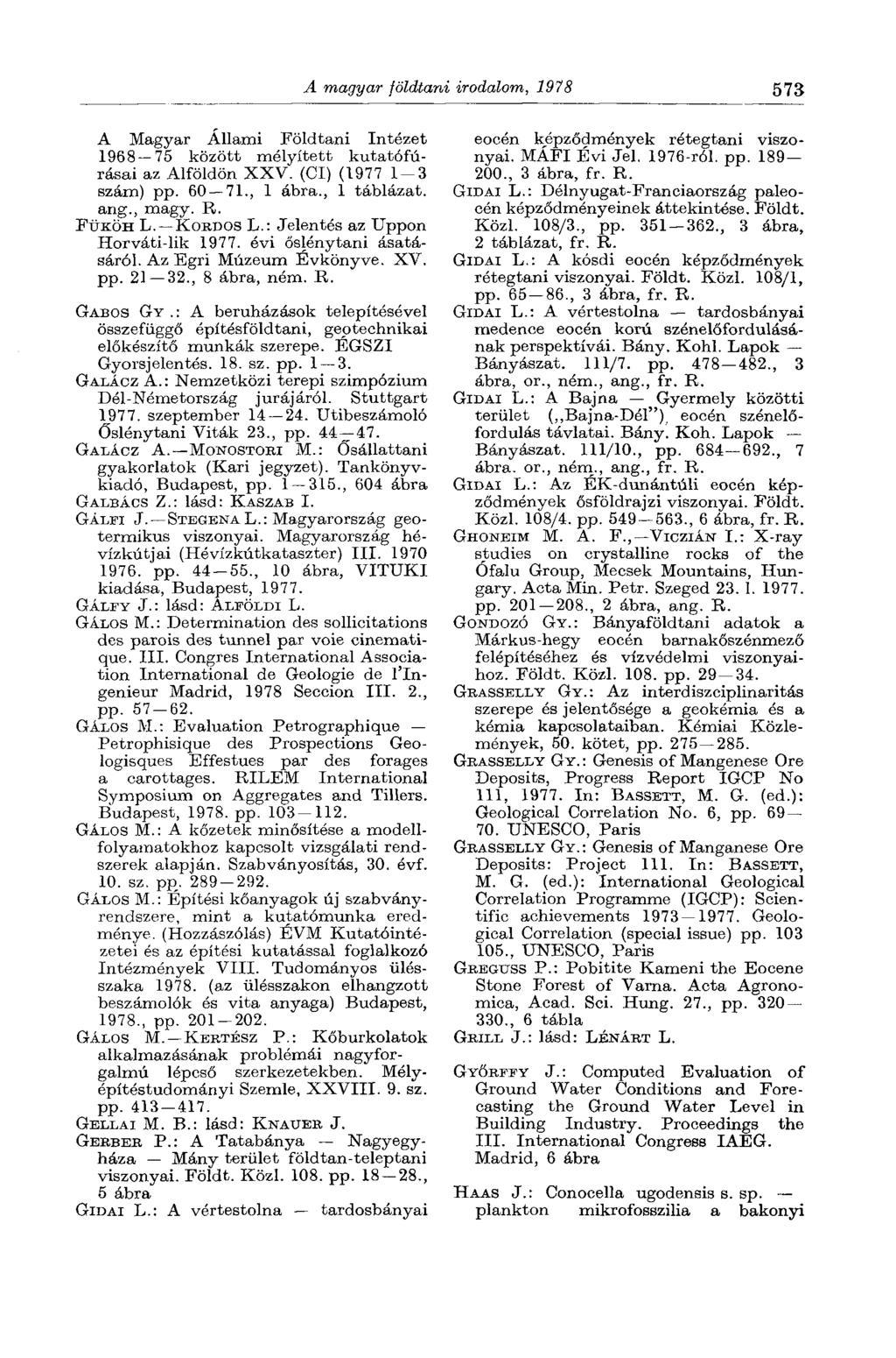 A magyar földtani irodalom, 1978 573 A Magyar Állami Földtani Intézet 1968 75 között mélyített kutatófúrásai az Alföldön XXV. (Cl) (1977 1-3 szám) pp. 60 71., 1 ábra., 1 táblázat, ang., magy. R.