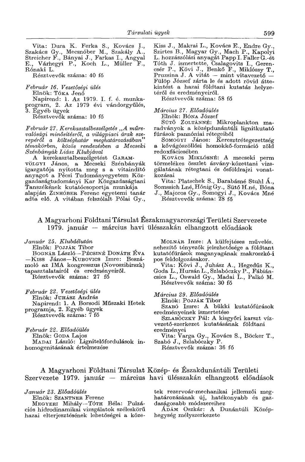 Társulati ügyek 599 Vita: Dura К. Ferka S., Kovács I., Szakács Gy., Mecsnóber M., Szakály Á., Streicher F., Bányai J., Farkas I., Angyal E., Várhegyi P., Koch L., Müller F., Rónaki L.