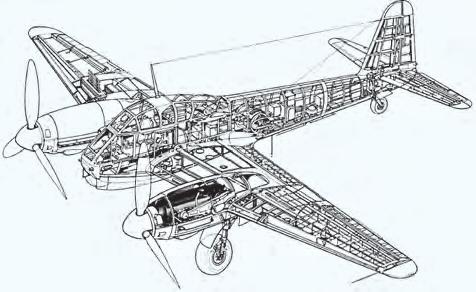 Haditechnika-történet 11. ábra. A Me 210 többfeladatú harci repülőgép szerkezeti kialakítása (S.Gy.) DB 605-ös motorok 2300-as fordulatnál 1075, 2800-as fordulatnál pedig 1475 LE-t tudtak leadni.