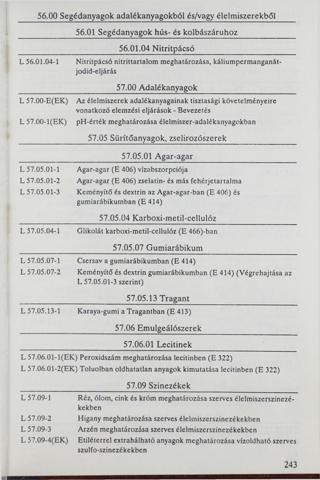 56.00 Segédanyagok adalékanyagokból és/vagy élelmiszerekből 56.01 Segédanyagok hús- és kolbászáruhoz L 56.01.04-1 L 57.00-E(EK) L57.00-1(EK) 56.01.04 Nitritpácsó Nitritpácsó nitrittartalom meghatározása, káliumpermanganátjodid-eljárás 57.