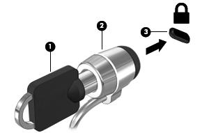 1. Hurkolja a biztonsági kábelt egy rögzített tárgy köré. 2. Helyezze a kulcsot (1) a kábelzárba (2). 3.
