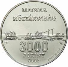 value and date 3000 / FORINT / 2002 balra verdejel /nach links Mzz./ to the left mintmark BP.