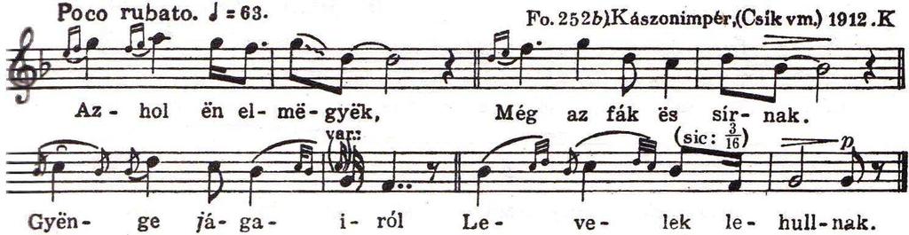 5 3. kottapélda Figyeljük meg a fenti dalok hangterjedelmét: a cseremisz dal undecimát, míg a kászoni dallam decimát jár be. 13 Nézzük továbbá a magyar ötfokú dalok hangsorát. Nagyrészük lá végű.