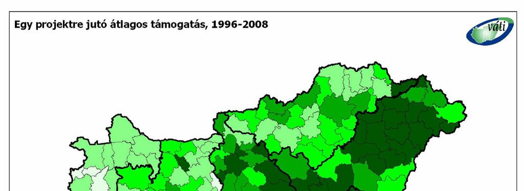 Egy projektre jutó átlagos támogatás alakulása,