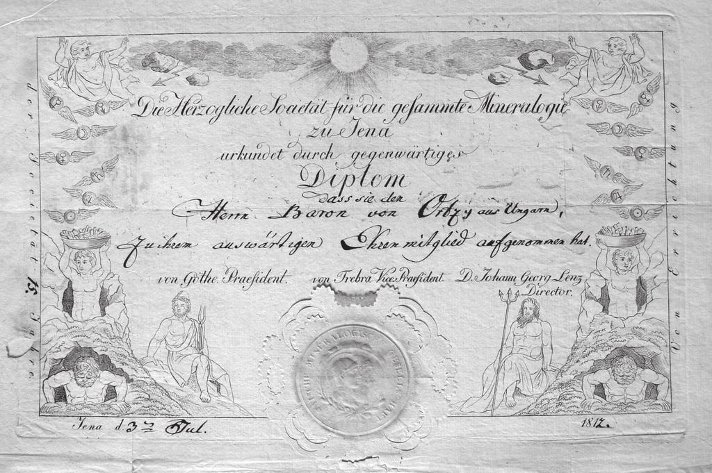 III. Netzwerke BÁRÓ ORCZY GYÖRGY (1788 1871) DIPLOMÁJA A JÉNAI MINERALÓGIAI TÁRSASÁGI TAGSÁGÁRÓL / Baron György Orczys (1788 1871) Diplom über die Mitgliedschaft in der Mineralogischen Gesellschaft