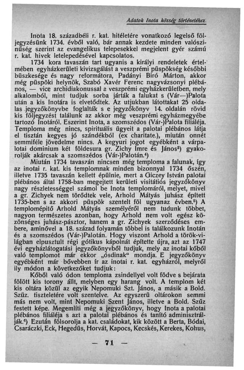 Adatok Inota község történetéhez. Inota 18. századbéli r. kat. hitéletére vonatkozó legelső följegyzésünk 1734.