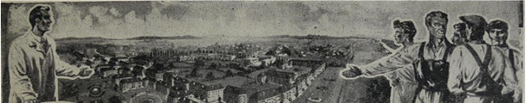 31. kép: A lakótelep építését propagáló látványterv Forrás: Fényszóró, 1951. szeptember 21 Az előirányzott fejlesztéseknek összességében is csupán csekély része valósult meg a forráshiány miatt.