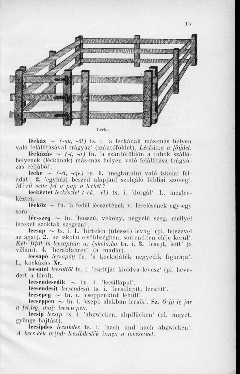 Lécka. léekáz *~ (-ok, -öl) ts. i. 'a léckának más-más helyen való felállításával trágyáz' (szántóföldöt). [Jckázza a fóudet. léckázás (-1, -o) fn.
