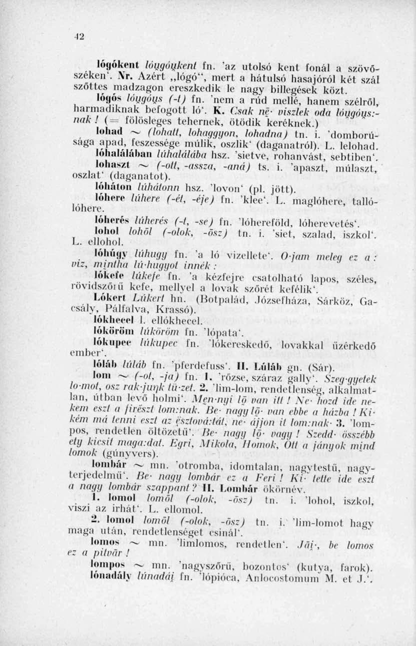 42 lój ók<'n( löiigóukent fn. 'az utolsó kint íonál a szövőszéken'. Xr. Azért lógó", mert a hátulsó hasa jóról két szál szőttes madzagon ereszkedik le nagy billegések közt. lóuós töugóus (-1) fn.