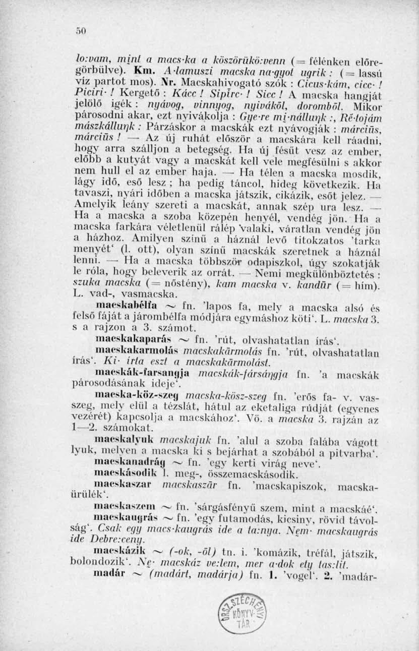 50 lo:vam, mint a macska a köszörükö:oenn ( = félénken előregörbülve). Km. Alamuszi macska na-gyol ugrik: ( lassú víz partot mos). Xr. Macskahivogató szók : Cicus'kúm, cin--.' Piciri! Kergető: Kácc!