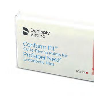 495 Ft VÁLTOZÓ KONICITÁS, PONTOS ILLESZKEDÉS Conform Fit Guttapercha (Dentsply Sirona) A guttapercha csúcs változó konicitása pontos behelyezést és pontos tug back érzést