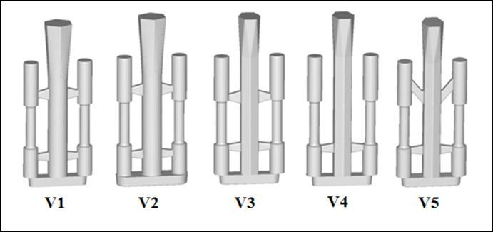 A 4. ábrán a tervezett öntvénygeometriák láthatóak. 4. ábra Az eltérő beömlőrendszerrel tervezett iker szakítópróbatest geometriák 2.