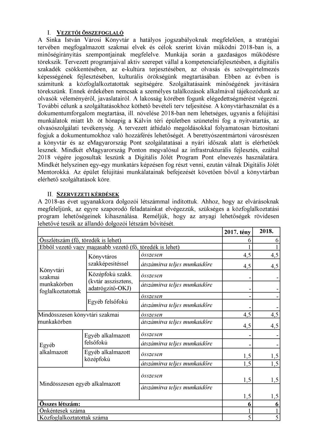 I. V ezetői összefoglaló A Sinka István Városi Könyvtár a hatályos jogszabályoknak megfelelően, a stratégiai tervében megfogalmazott szakmai elvek és célok szerint kíván működni 2018-ban is, a