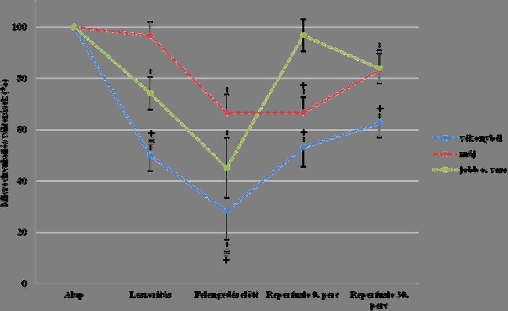 19. ábra A kiindulási értékhez viszonyított microcirculatiós változások százalékos mértéke a májban, vékonybélben és a jobb vesében átlag ± S.D., n=10; * p<0,05 vs. alap; # p<0,05 vs.