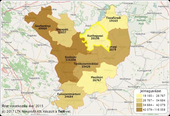 Előterjesztési változat 12 Funkció Települési Településen átnyúló Szociális Családsegítő Központ Remény Gondozási Központ 4. térkép: A Kunhegyesi járás lakónépessége 2015-ben (fő) Forrás: TeIR 5.