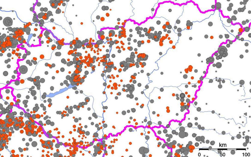 Előterjesztési változat 126 42. térkép: A földrengések területi eloszlása Magyarországon.