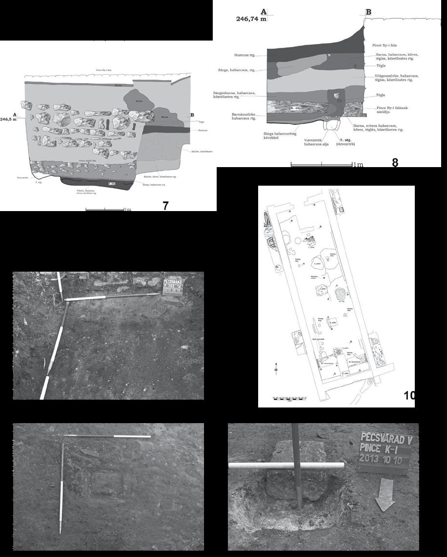 2. kép: Pécsvárad, Vár. Összesítő rajz a 2013. évi feltárásokról: a pince és környéke (Készítette: Nagy Gábor) 3. kép: Pécsvárad, Vár. A K-i oldalon húzott kutatóárkok 4. kép: Pécsvárad, Vár. A cellárium külső, ÉNy-i oldalán húzott két kutatóárok alaprajza (Készítette: Nagy Balázs, Nagy Gábor) 5.