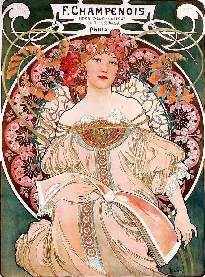 Alfons Mucha A szecessziós plakát legnagyobb mestere Alfons Mucha. Prágai születésű, de művészete Párizsban teljesedik ki. Művészetében a dekorativitás anatómiai pontossággal párosul.