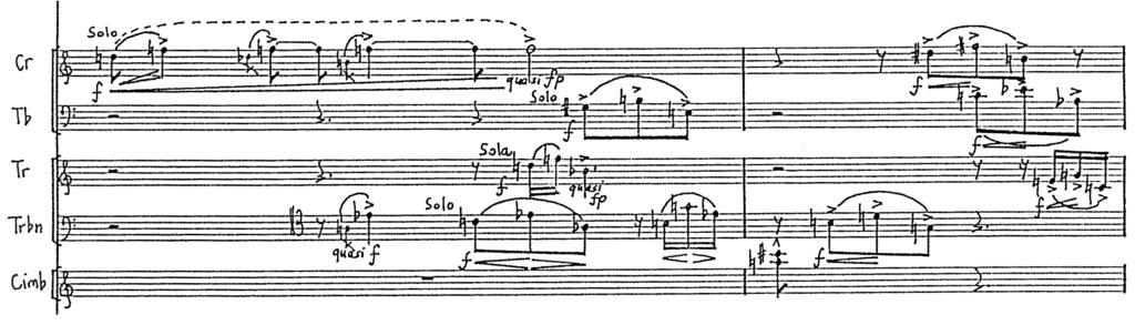 9a kotta. Rekviem a kedvesért, IV. tétel, Proscsaj, hármashangzat- felbontás (5 6. ütem) 9b kotta. Op. 27 No. 2, II. tétel, hármashangzat- felbontás (34 35. ütem), rézfúvós szólamok 9c kotta.