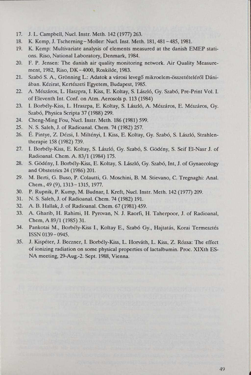 17. J. L. Campbell, Nucl. Instr. Meth. 142 (1977) 263. 18. K. Kemp, J. Tscheming-M öller Nucl. Inst. Meth. 181, 481-485, 1981. 19. K. Kemp: Multivariate analysis of elements measured at the danish EMEP stations.