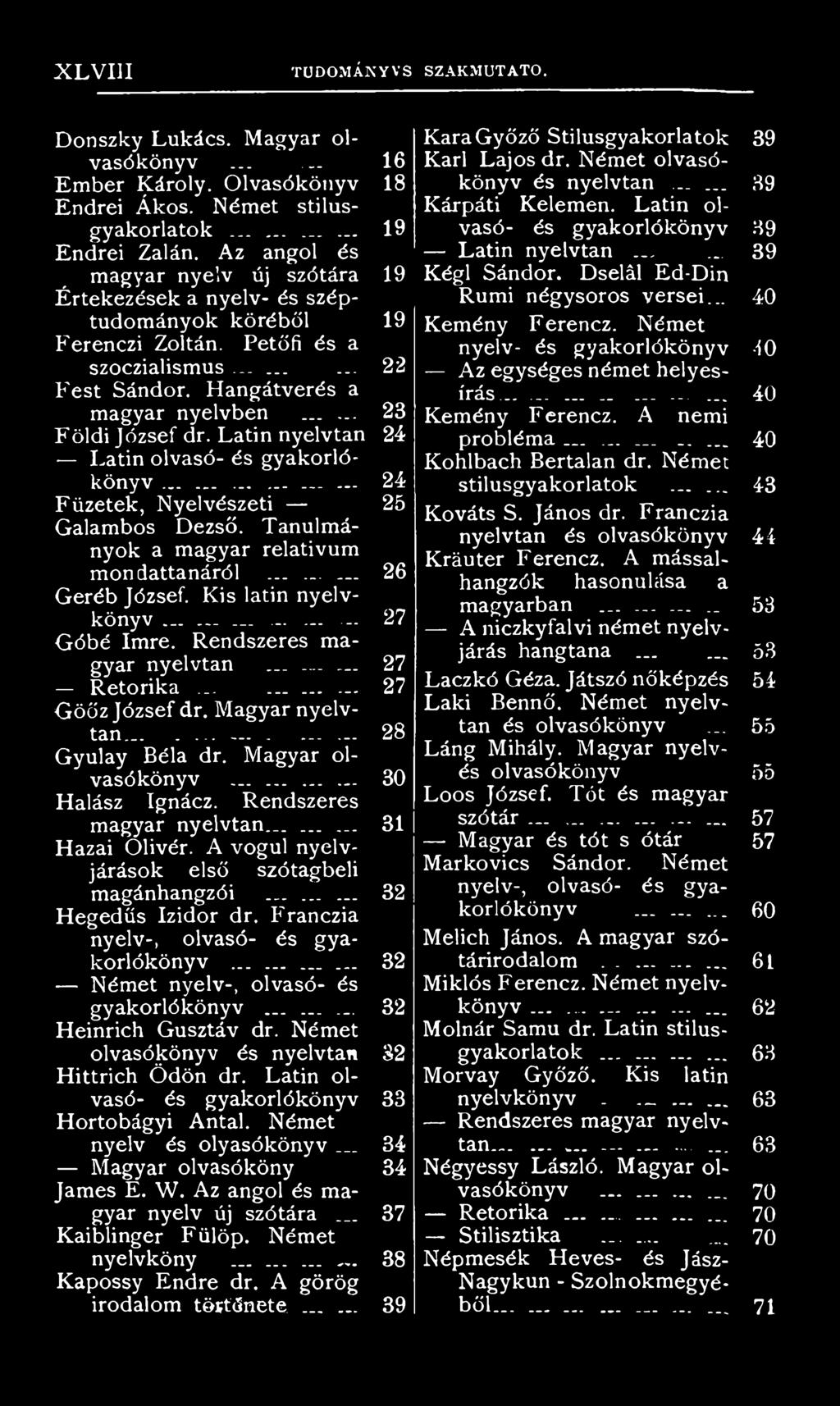 A vogul nyelvjárások első szótagbeli magánhangzói......... Hegedűs Izidor dr. Franczia nyelv-, olvasó- és gyakorlókönyv......... Német nyelv-, olvasó- és gyakorlókönyv......... Heinrich Gusztáv dr.