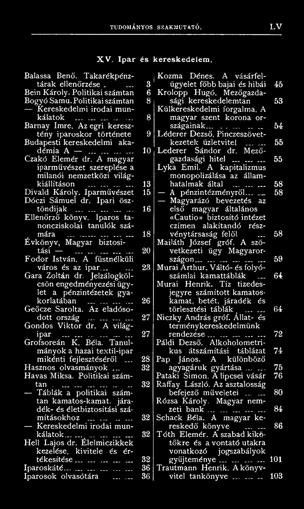 A világipar.................. Grofsoreán K. Béla. Tanulmányok a hazai textil-ipar mikénti fejlesztéséről... Hasznos olvasmányok... Havas Miksa. Politikai számtan. _.