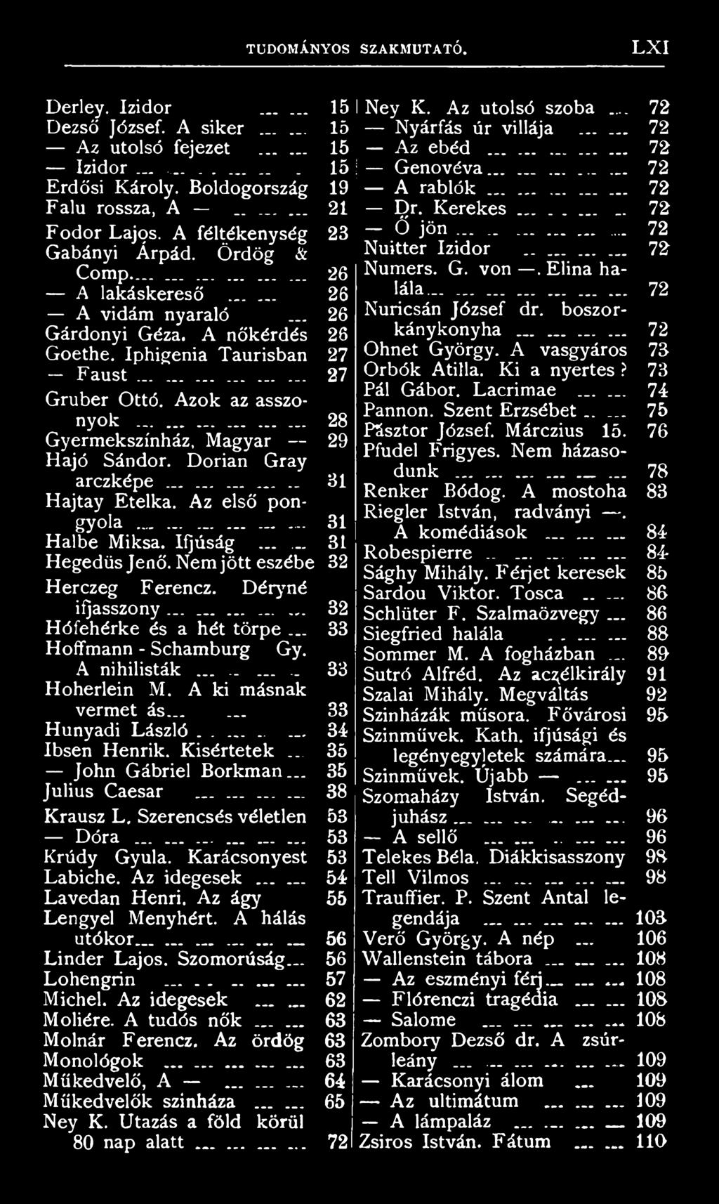 .. John Gábriel Borkman... Julius Caesar... Krausz L. Szerencsés véletlen Dóra.................. Krúdy Gyula. Karácsonyest Labiche. Az idegesek...... Lavedan Henri. Az ágy Lengyel Menyhért.