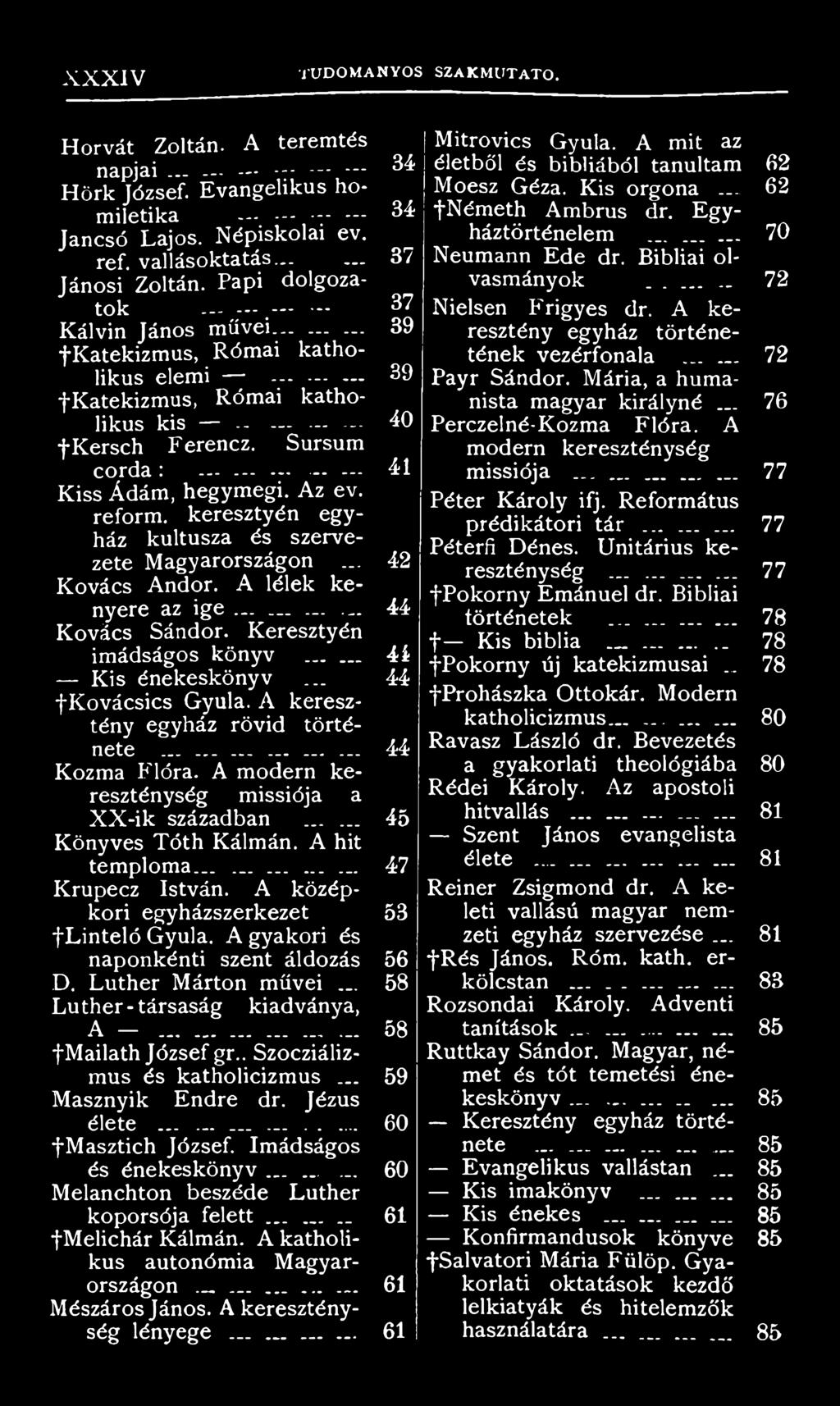 A középkori egyházszerkezet f Linteló Gyula. A gyakori és naponkénti szent áldozás D. Luther Márton művei... Luther - társaság kiadványa, A...... f Mailath József gr.. Szocziálizmus és katholicizmus.