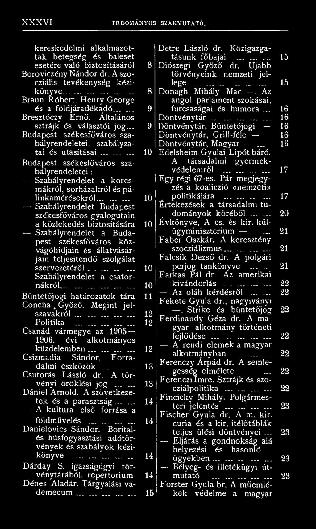 ..... Szabályrendelet a csatornákról......... Büntetőjogi határozatok tára Concha %Győző. Megint jelszavakról......... Politika............... Csanád vármegye az 1905 1906.