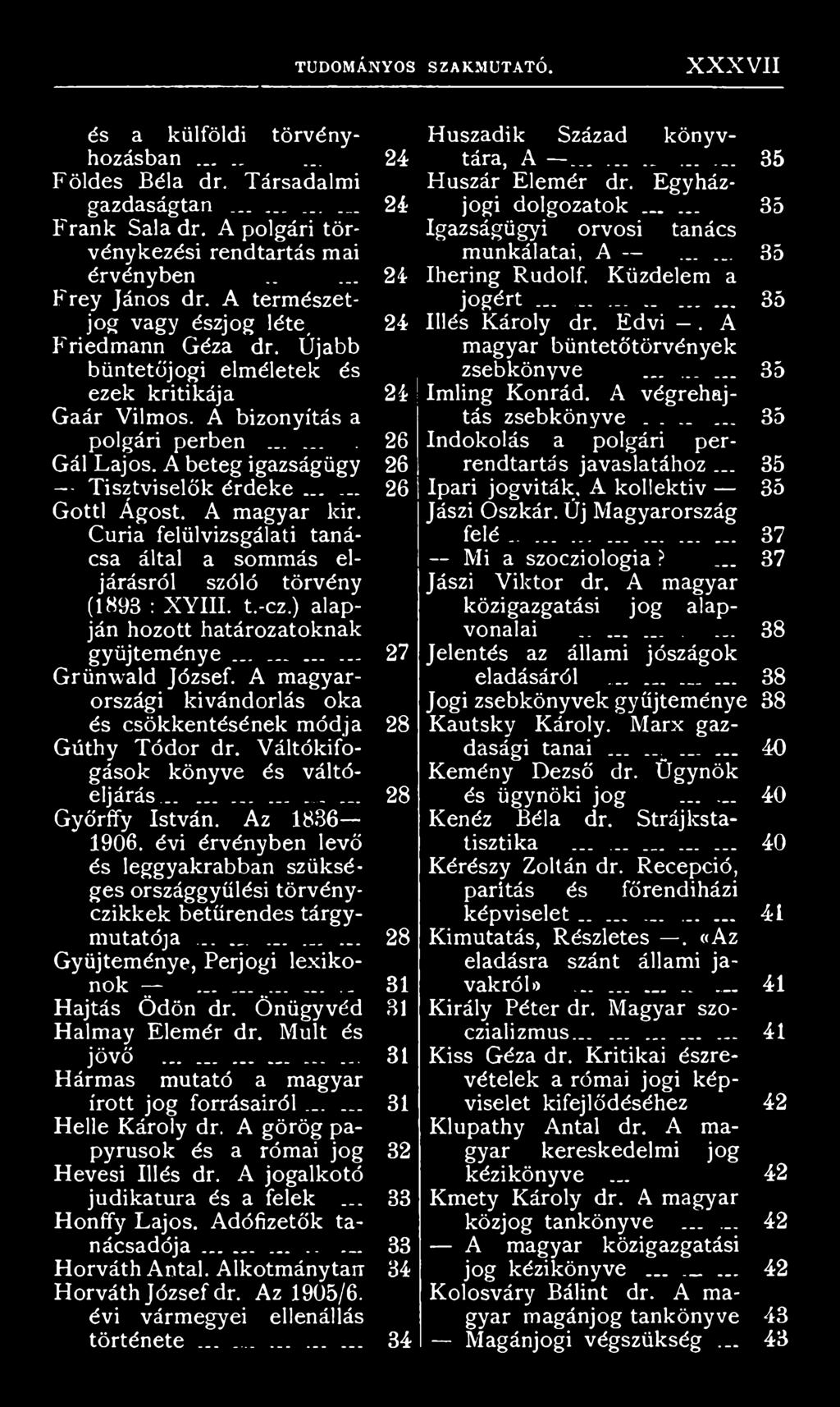 ................. 28 Győrffy István. Az 1836 1906. évi érvényben levő és leggyakrabban szükséges országgyűlési törvényczikkek betűrendes tárgymutatója............... 28 Gyűjteménye, Perjogi lexikonok.