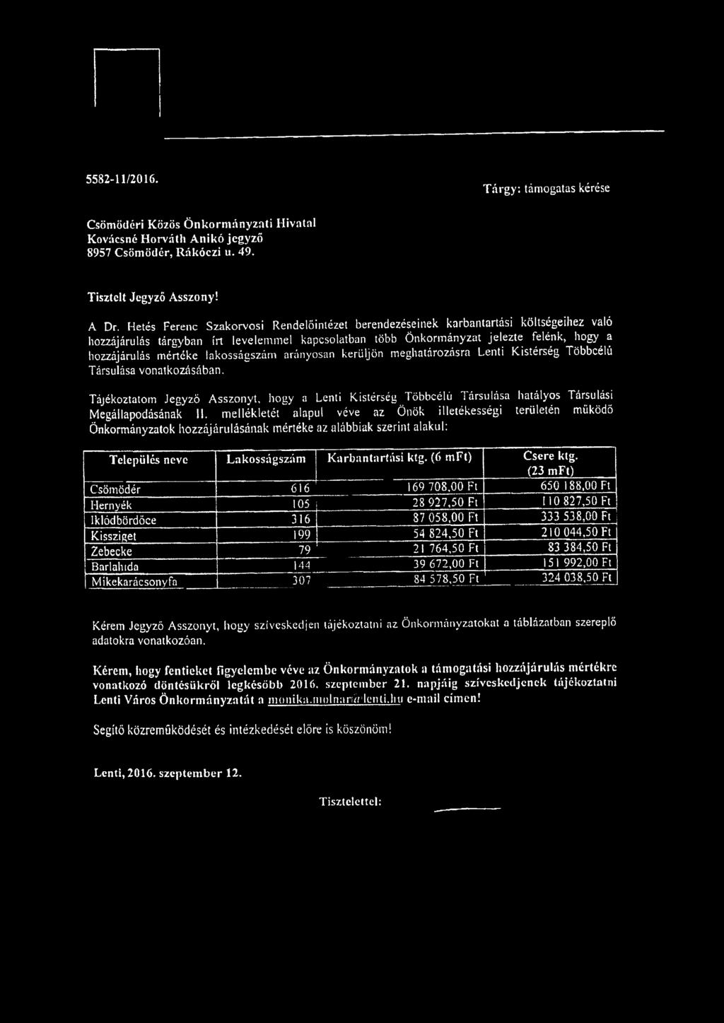 mértéke lakosságszám arányosan kerüljön meghatározásra Lenti Kistérség Többcélú Társulása vonatkozásában.