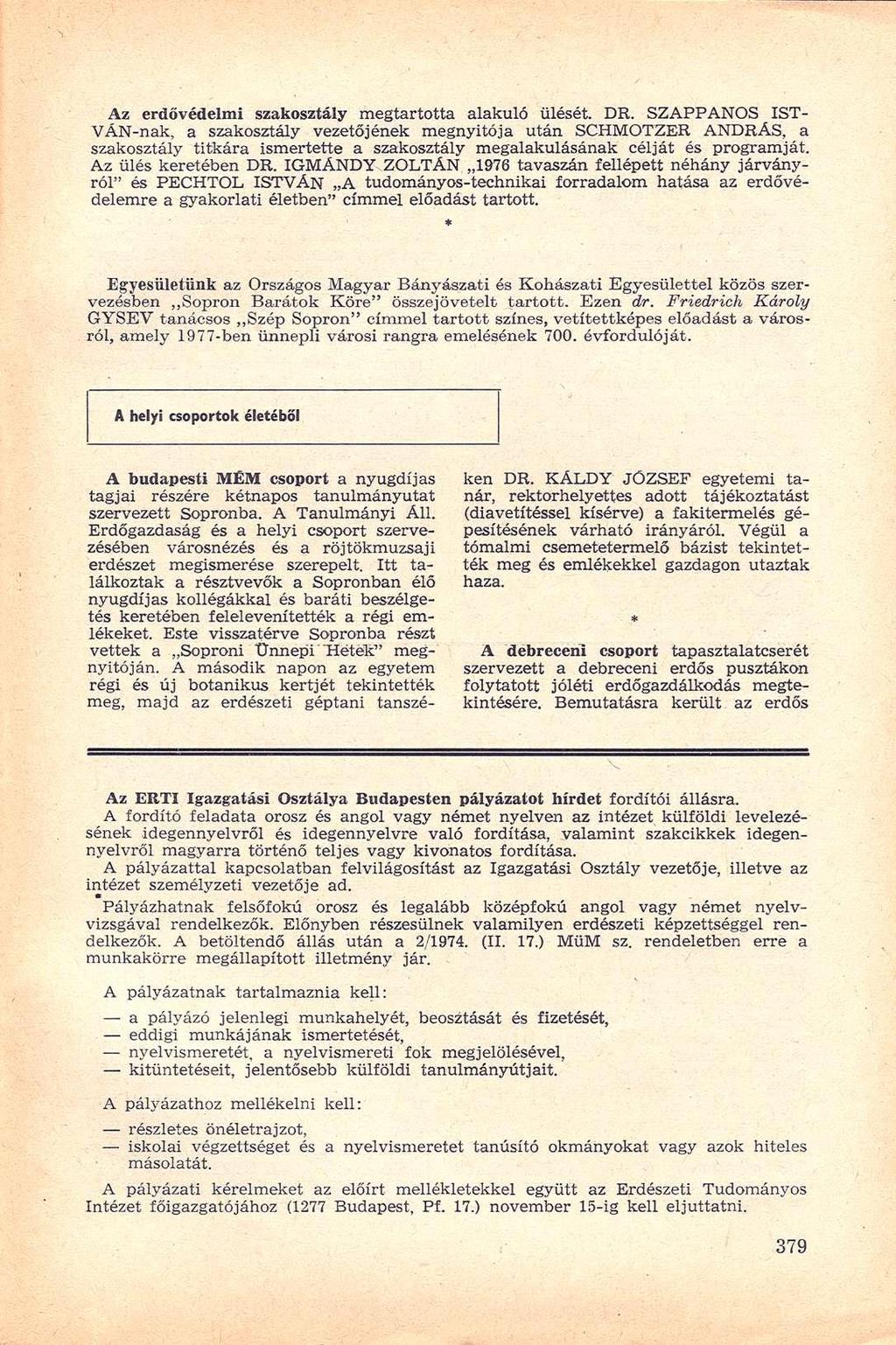 Az erdővédelmi szakosztály megtartotta alakuló ülését. DR.