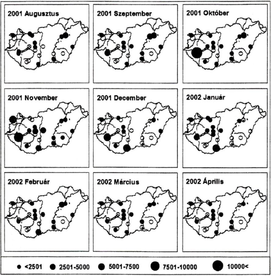 6. térkép: A nyári lúd előfordulás tér-idő mintázata Magyarországon 2001/2002-ben (FARAGÓ & GOSZTONYI, 2003). Map 6.
