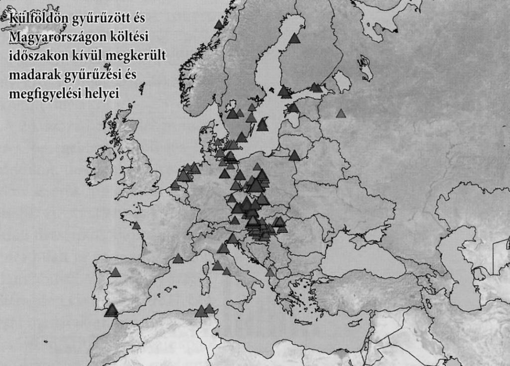 2. térkép: Magyarországon a költési időszakon kívül kézre került nyári ludak külföldi gyűrűzési, vagy megkerülési helyei (PELLINGER, 2009) Map 2.