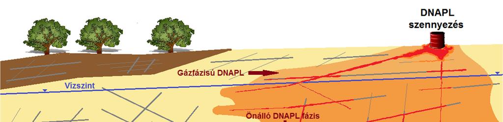 10. ábra Repedezett kőzetekben a DNAPL szennyeződés mozgása. (Kueper et al., 2003 alapján) Modellszámítások eredményei és a gyakorlat (Kueper, McWhorter, 1991, Kueper et al.
