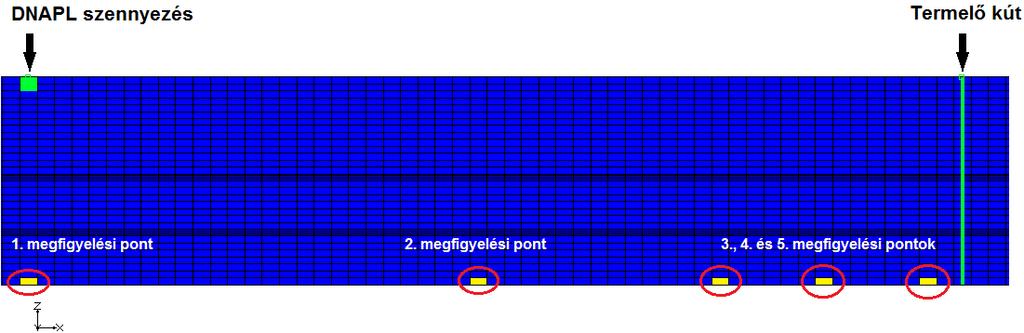 A kármentesítési szimulációjánál a szennyeződés belépésétől 27.5 m-re egy termelő kutat modelleztem (r=0.055 m), amely a teljes 6 m-re szűrőzve van. A kút hozama Q=100 m 3 /d.