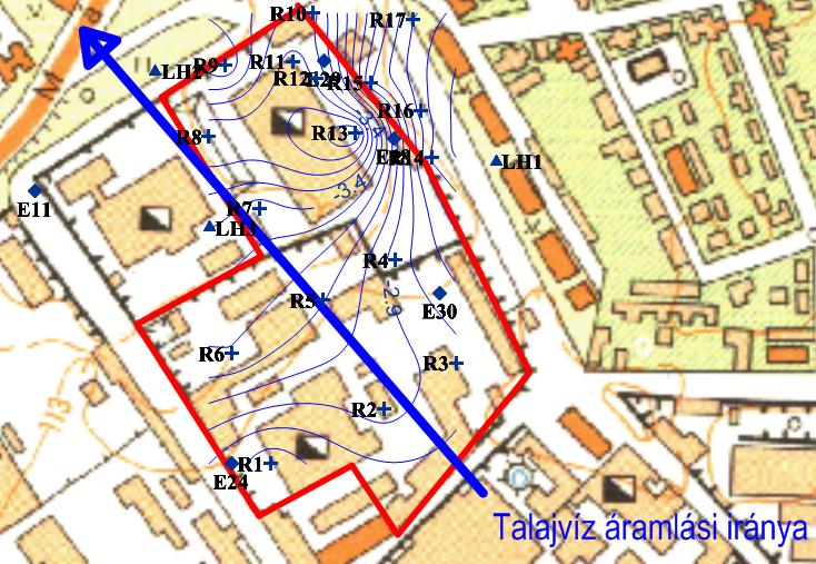 03. 11.) és talajvíz áramlási iránya. A terület előzetes és részletes tényfeltárása során 126 db talajmintát és 84 db vízmintát vizsgáltak meg akkreditált laboratóriumban.